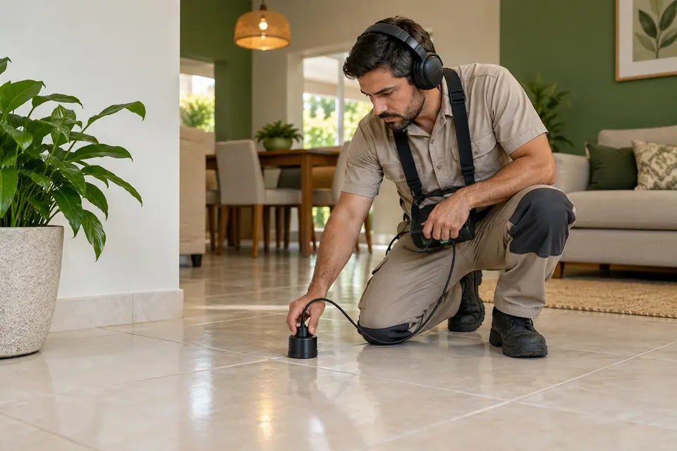 Profissional investigando vazamento com detector acústico — imagem ilustrativa