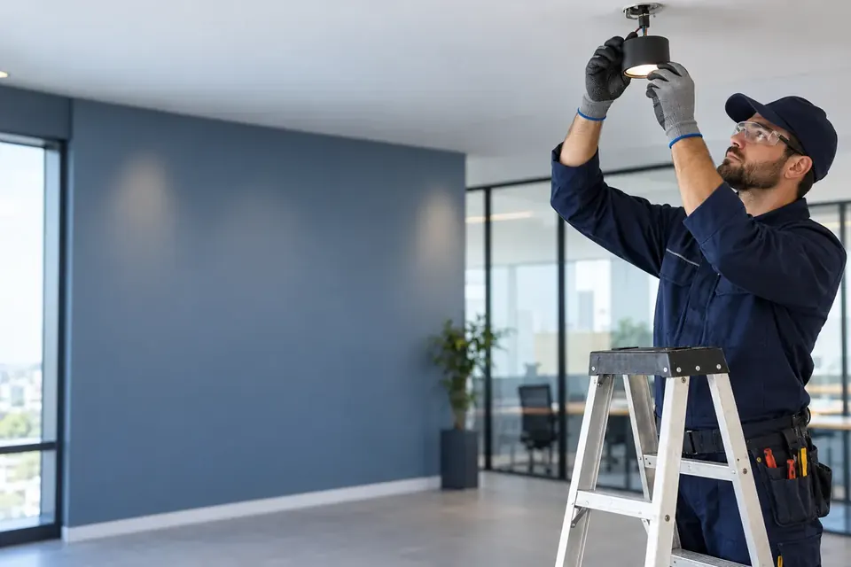 Profissional instalando iluminação residencial — imagem ilustrativa