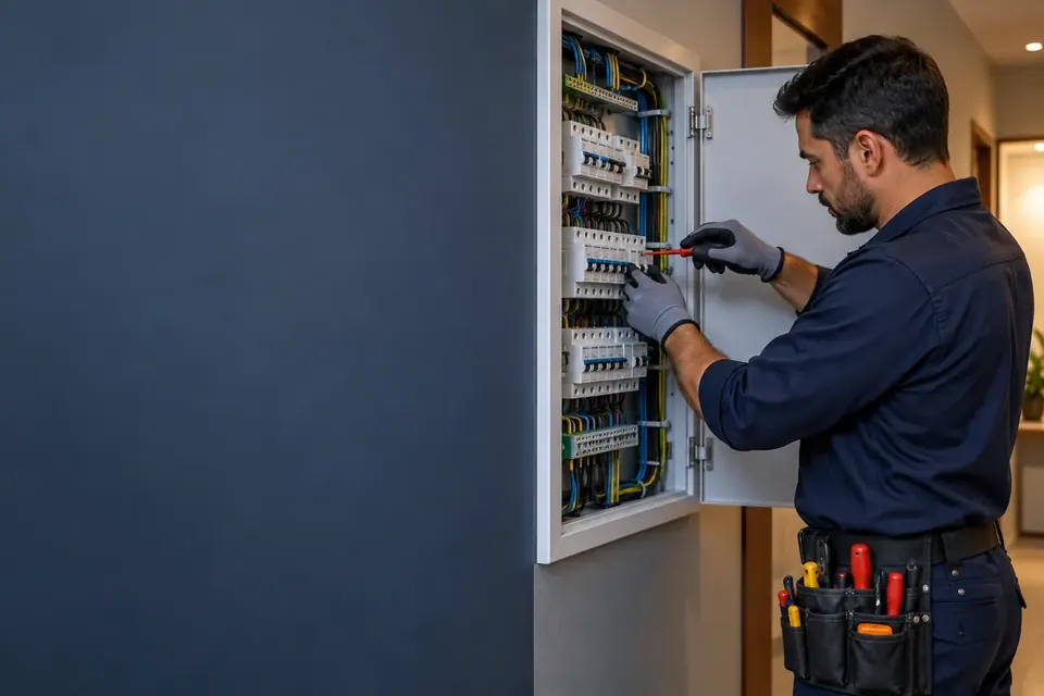 Eletricista trabalhando em quadro de distribuição — imagem ilustrativa